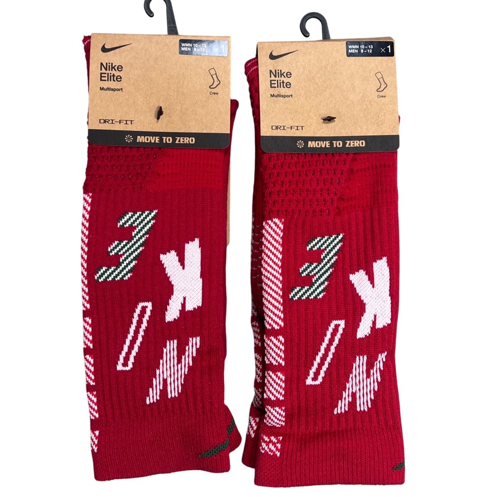 Nike Elite Multisport Crew Socks Red Holiday Dri-FIT 2 Pairs Mend 8-12 W 10-13
